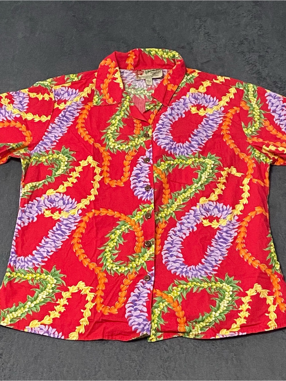 Hilo Hattie Uniforms Shirt Womens L Red Leis Hawaiian Aloha Button Up Tropical